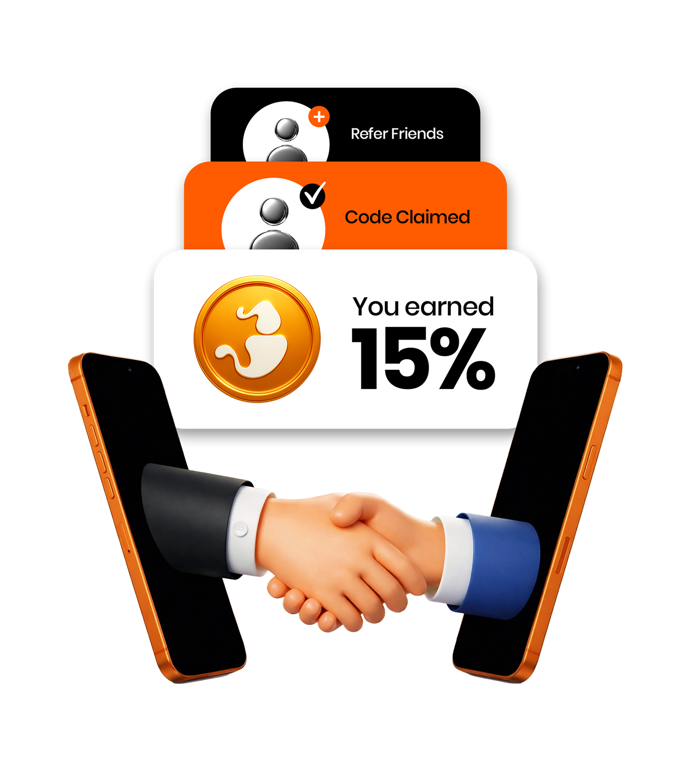 Referral steps: refer friends, code claimed, you earned 15%