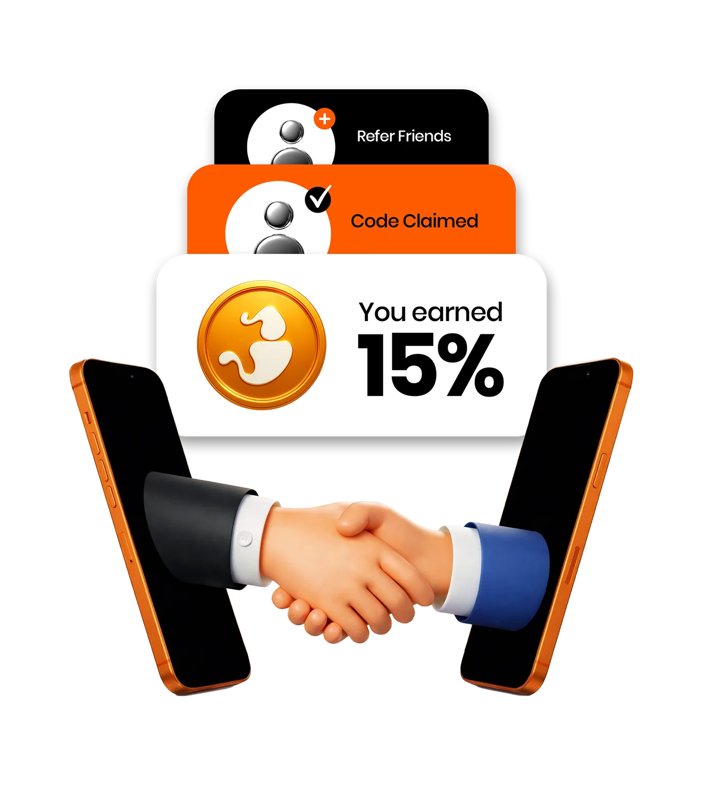 Referral steps: refer friends, code claimed, reward applied per terms